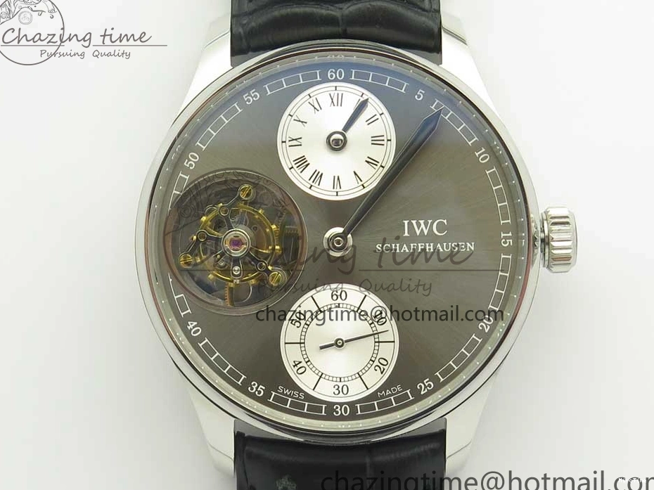 MIROTIME 0714 Popular Portuguese Flying Tourbillon SS Gray Dial 2 Sub Dials on Black Leather Strap 7159
